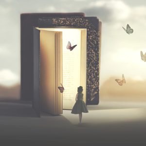 poetic encounter between a woman and butterflies coming out of a book